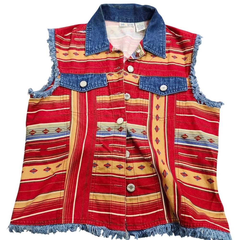 Vintage Style Southwestern Denim Trim Vest Women's Small Aztec Western Boho